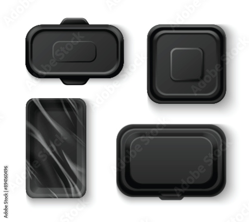 Black food tray box. Empty container package mockup. 3d isolated meal plate with polyethylene for product packaging and branding in supermarket. Blank retail market storage for lunch vector design