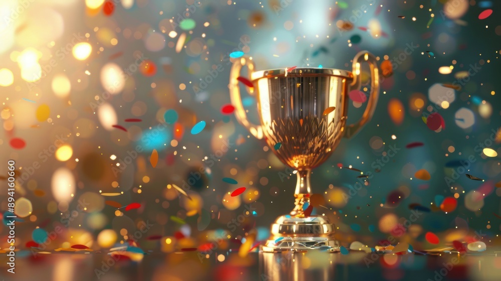 Golden trophy surrounded by vibrant confetti, symbolizing victory and celebration with a festive and colorful atmosphere. Golden trophy surrounded by vibrant confetti, symbolizing victory and celebration with a festive and colorful atmosphere.