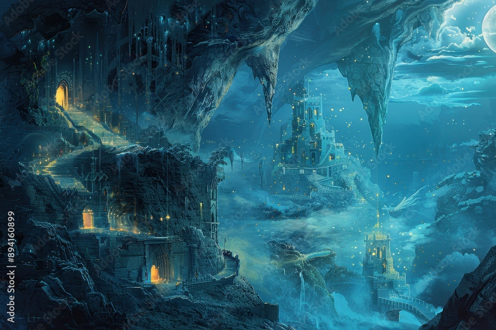 Mystical castle ruins in a magical moonlit cavern with glowing crystals Mystical castle ruins in a magical moonlit cavern with glowing crystals