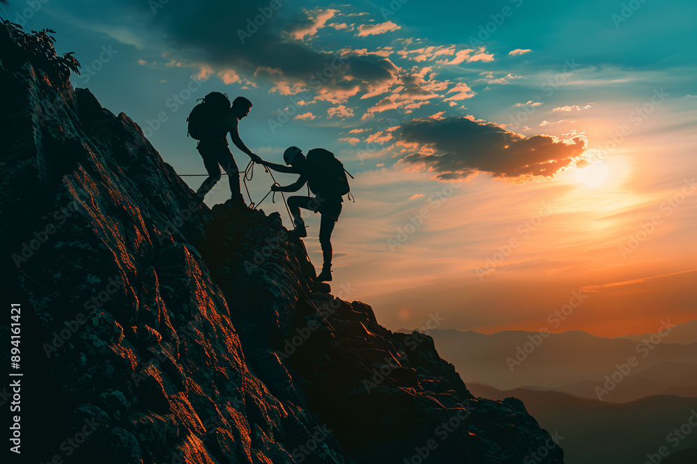 Silhouette of man helping friend to climb a mountain, teamwork concept. Suitable for motivation, teamwork, and outdoor adventure concepts. Silhouette of man helping friend to climb a mountain, teamwork concept. Suitable for motivation, teamwork, and outdoor adventure concepts.