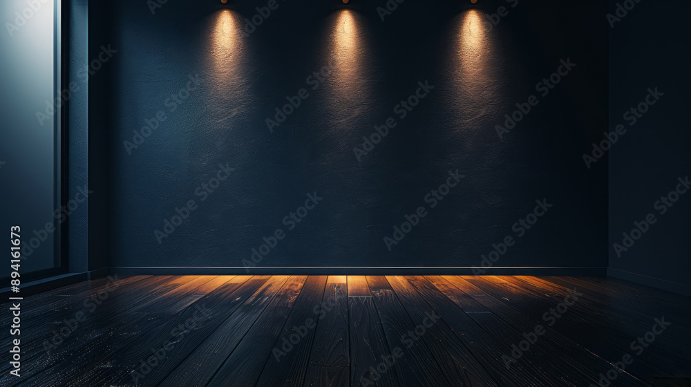A background with a wooden floor and a spotlight on the wall, in a simple and minimalistic style with dark tones. A background with a wooden floor and a spotlight on the wall, in a simple and minimalistic style with dark tones.