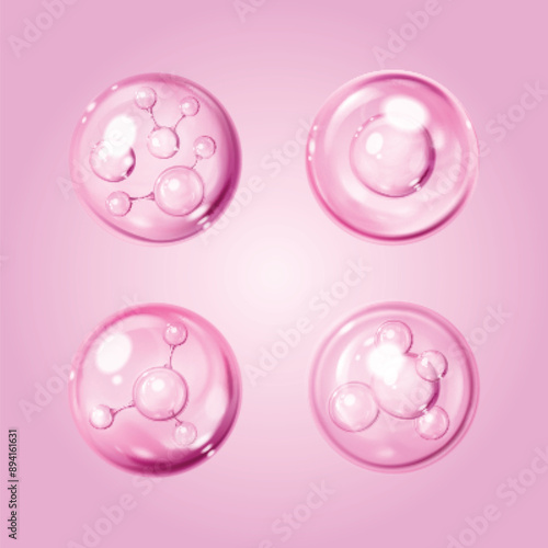 3d skin serum drop. Pink collagen water or oil essence. Liquid vitamin droplet and molecular structure vector. Abstract beauty cream realistic sphere. Dermatology product atom for body protection
