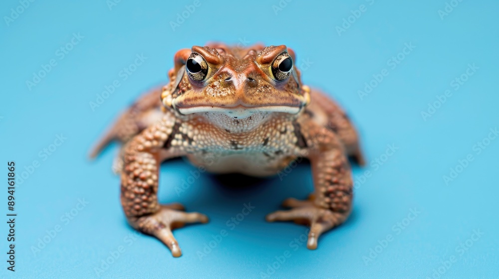 Fototapeta premium Close-Up Portrait of a Brown Toad on a Blue Background