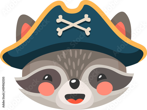Cartoon raccoon animal pirate and corsair. Sailor and captain, skipper and boatswain character. Isolated cute vector charming woodland personage with mischievous grin, peeking from under a tricorn hat