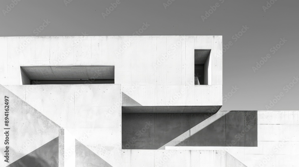 Fototapeta premium Minimalist white concrete building with geometric cutouts and shadows