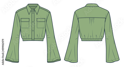 Crop Shirt technical fashion Illustration. Bell Sleeve Shirt fashion flat technical drawing template, button-down, elastic waistband, pocket, front and back view, green, women, men, unisex CAD mockup.