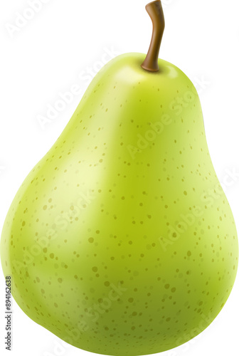 Raw realistic green pear fruit. Ripe whole pear. Isolated 3d vector garden plant with smooth shiny skin, small speckles, broad bottom tapering to a narrow top where a short brown stem is attached