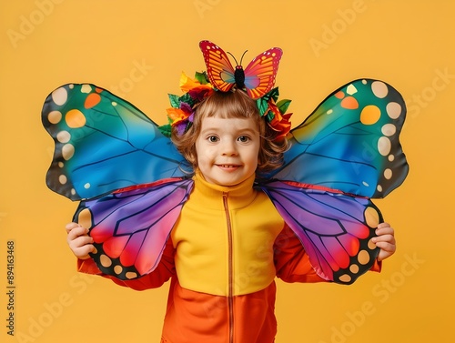 Curious child dressed as colorful butterfly fluttering on plain background
