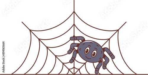 Cartoon retro groovy Halloween spider character playfully sitting on its intricate web, exuding spookiness and charm. Isolated vector cute arachnid insect monster personage on spiderweb at party night