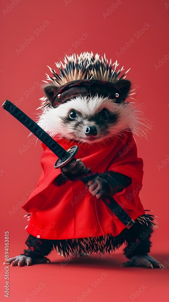 Fototapeta premium Hedgehog Dressed as Ninja for Halloween on Plain Background