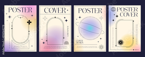 Abstract aesthetic gradient background, y2k posters. Abstract modern backgrounds with bright color spots and brutalism elements. Vector vertical cover templates with geometric figures, linear shapes