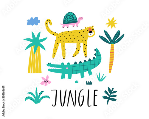 Poster with cute jungle animals and tropical plants. Cartoon childish style, good for birthday invitations, greeting cards, nursery posters. 