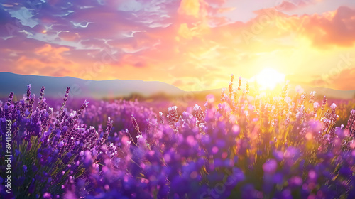 Sunset over a meadow full of purple flowers in the summer, Beautiful sunset over the field with purple flowers, Nature composition, Sunset Glow Lavender, Decorative Backdrop