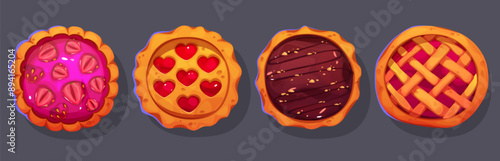 Fruit pies top view set isolated on background. Vector cartoon illustration of fresh baked strawberry, cherry, chocolate tarts decorated with jam hearts, homemade cake cooked for party, menu icons