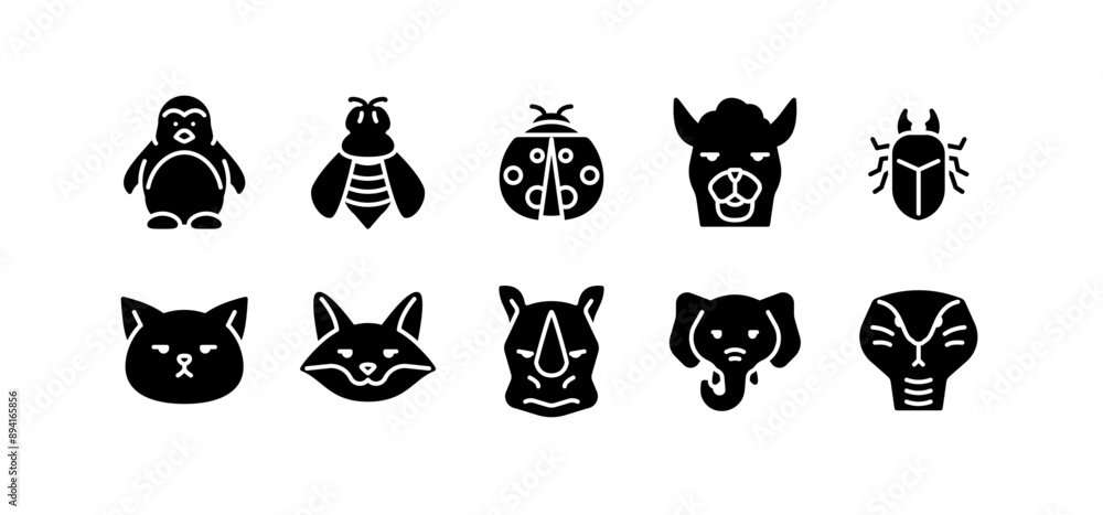 Set of animal icons. Solid glyph animal icons pack contains icon such as cat, llama, rhino, fox, elephant, insect, penguin etc Set of animal icons. Solid glyph animal icons pack contains icon such as cat, llama, rhino, fox, elephant, insect, penguin etc