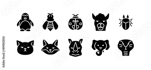 Set of animal icons. Solid glyph animal icons pack	contains icon such as cat, llama, rhino, fox, elephant, insect, penguin etc
