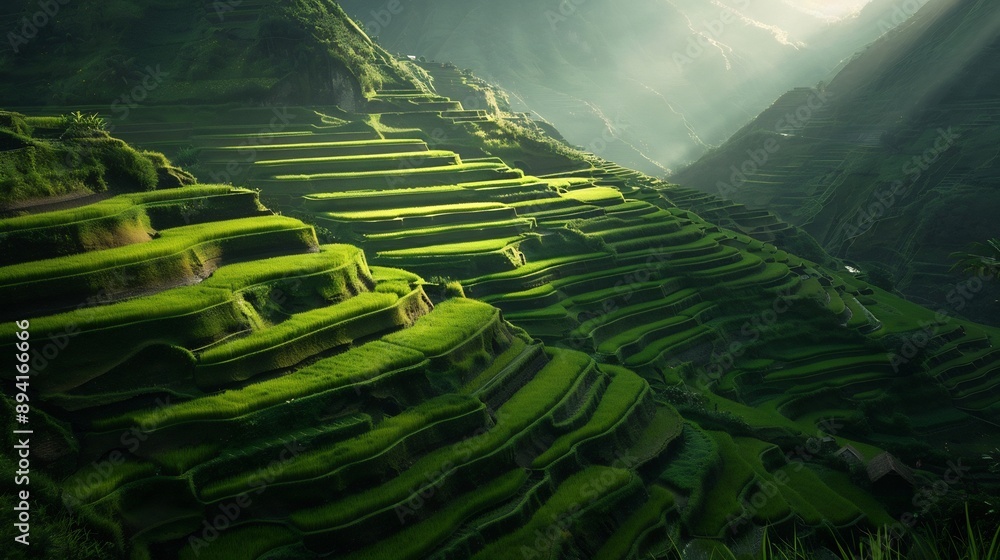 Fototapeta premium Sunlit Rice Terraces in Lush Green Hills