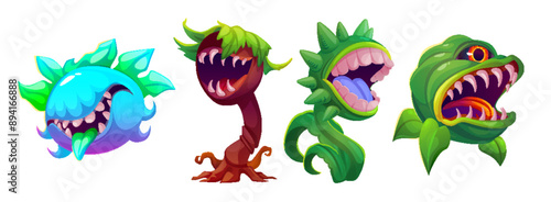 Scary plant monster. Fantasy alien creepy flower set. Carnivorous and dangerous garden creature with mouth trap and teeth to bite. Halloween exotic forest predatory character isolated mascot icon