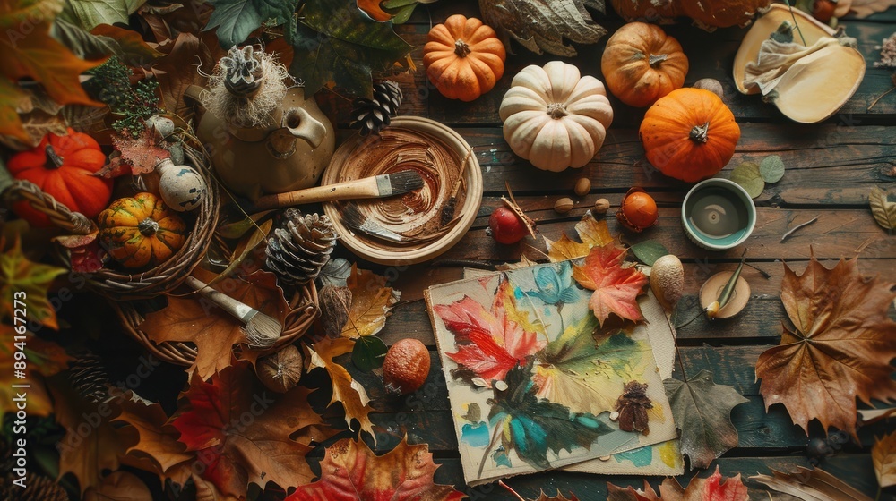 Naklejka premium Artistic Fall Palette with Gouache and Traditional Decor