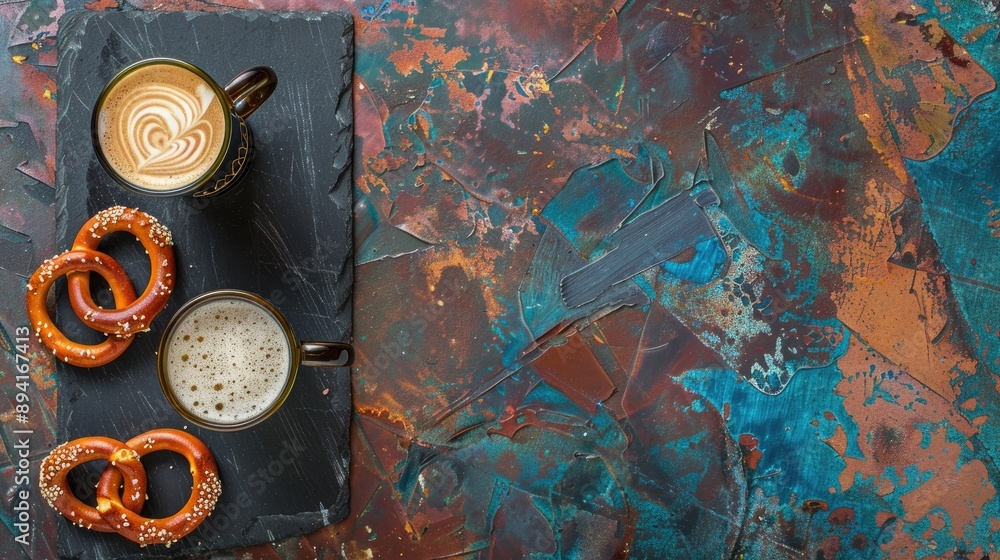 Bavarian pattern on slate plate with pretzels Bavarian pattern on slate plate with pretzels