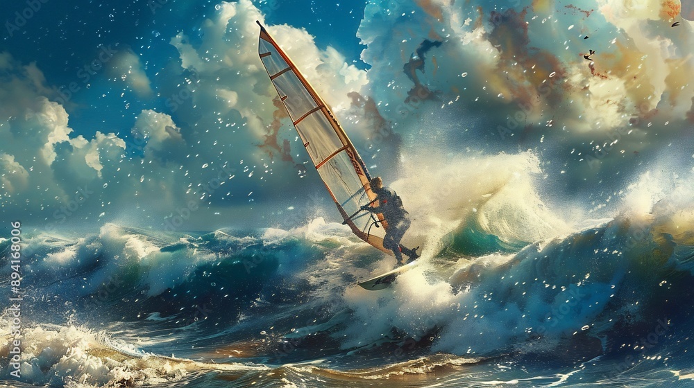 Fototapeta premium Windsurfing Through a Stormy Sea