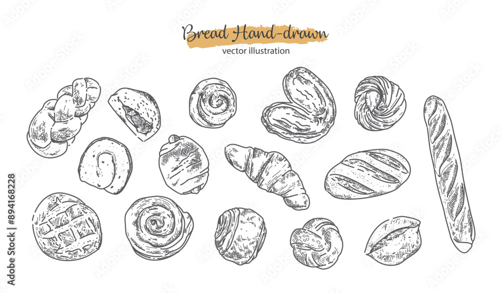 Bread in Hand-drawn style set , High angle view Bread, Bakery sketch. croissant in black outline . Drawing of food elements , Vector illustration isolated on white background Bread in Hand-drawn style set , High angle view Bread, Bakery sketch. croissant in black outline . Drawing of food elements , Vector illustration isolated on white background