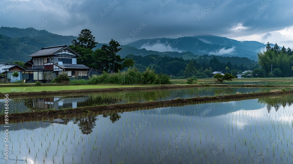 Fototapeta premium Tranquil Rice Paddies Under a Cloudy Sky