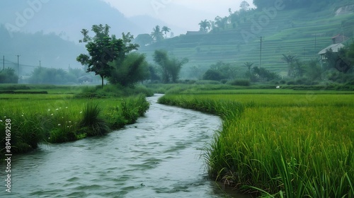 Serene River Flowing Through Lush Rice Paddies