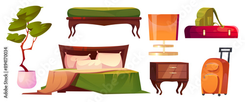 Hotel bedroom furniture. Double bed cover with blanket, comfortable pillow and vintage nightstand vector design set for home room. Luxury apartment suit with baggage and green or wooden decor