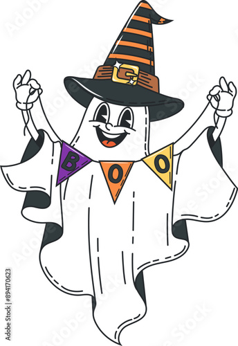 Cartoon Halloween groovy ghost character. Isolated vector mischievous and funky grinning spook personage in retro hippie style, floats with a colorful garland and witch hat, celebrates spooky night