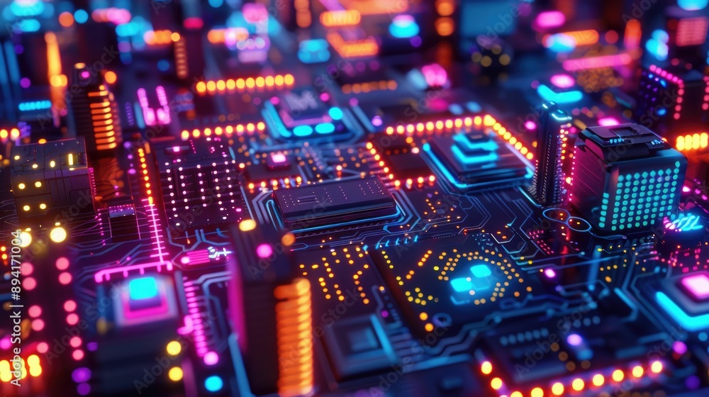 Neon-lit circuit boards creating a cityscape Neon-lit circuit boards creating a cityscape