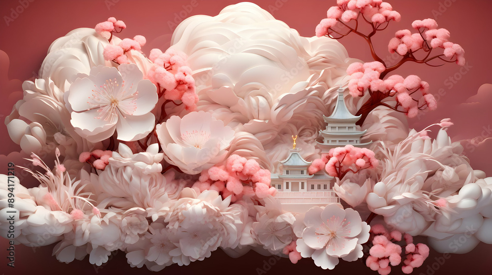 3D Illustration of a Japanese Temple in a Field of Flowers 3D Illustration of a Japanese Temple in a Field of Flowers