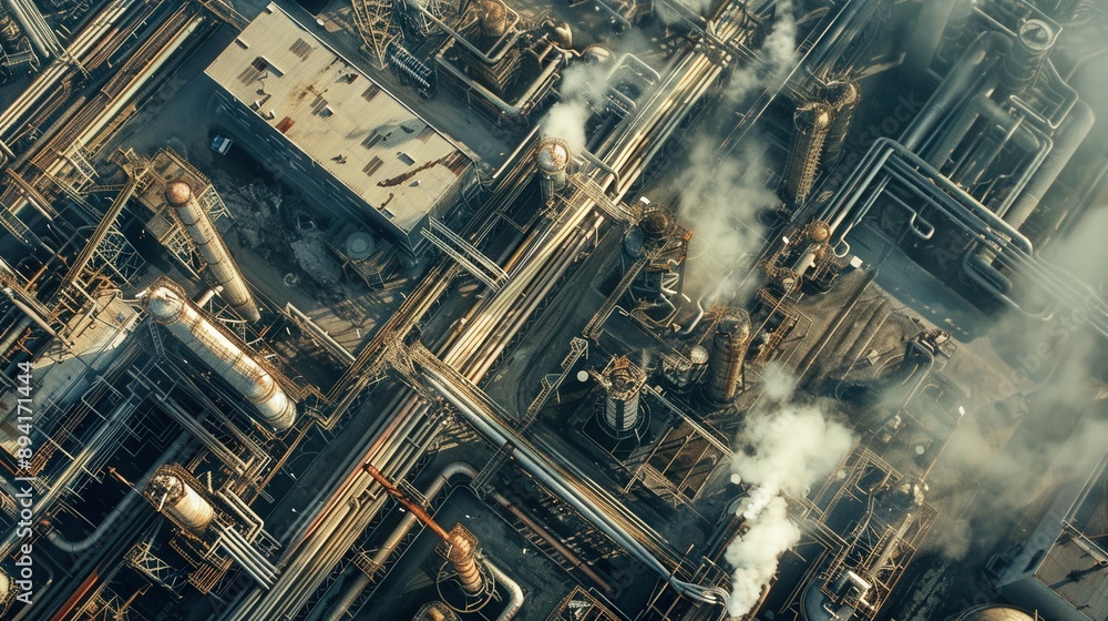 Illustrate the scale of industrial production with aerial shots of sprawling factories and industrial complexes buzzing with activity.