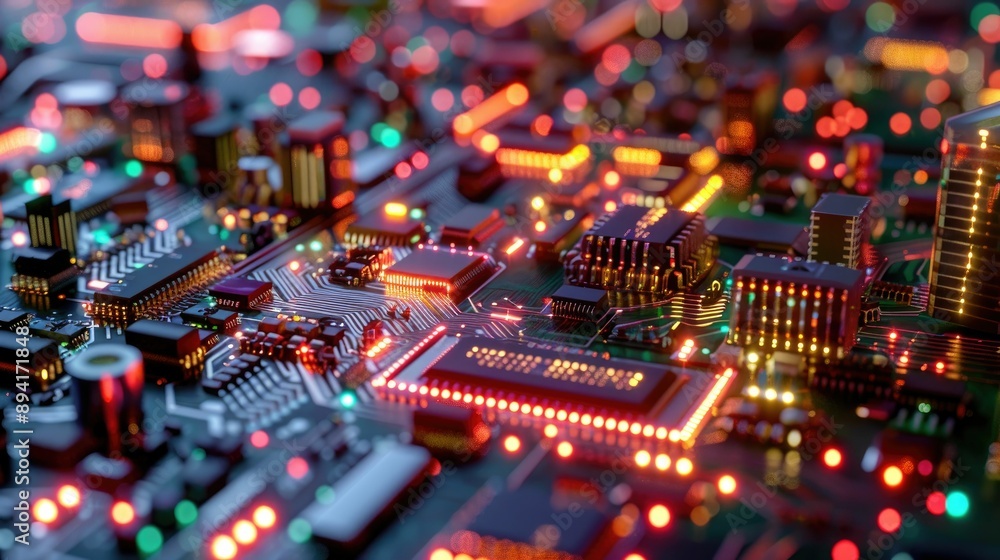 Obraz premium Neon-lit circuit boards creating a cityscape