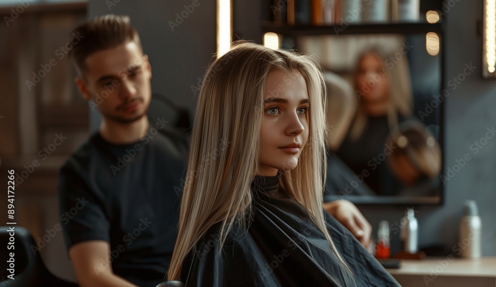 Beautiful girl with long hair and a man hairdresser in a hair salon Beautiful girl with long hair and a man hairdresser in a hair salon