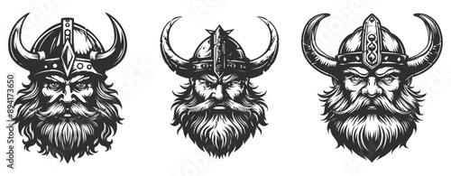 Viking warrior head with horned helmet, long beard,  hand drawn illustration ,generative ai
