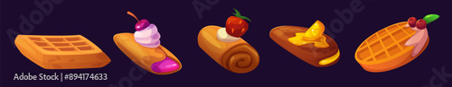 Pancake crepe and sweet waffle dessert isolated for Tuesday shrove. Cute national belgian breakfast with syrup and fruit. Crispy korean appetizing with strawberry jam for cafeteria menu or banner