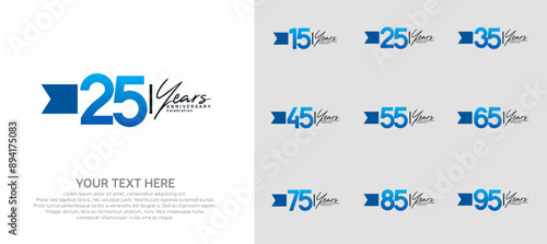 anniversary logotype set. blue number and ribbon for celebration