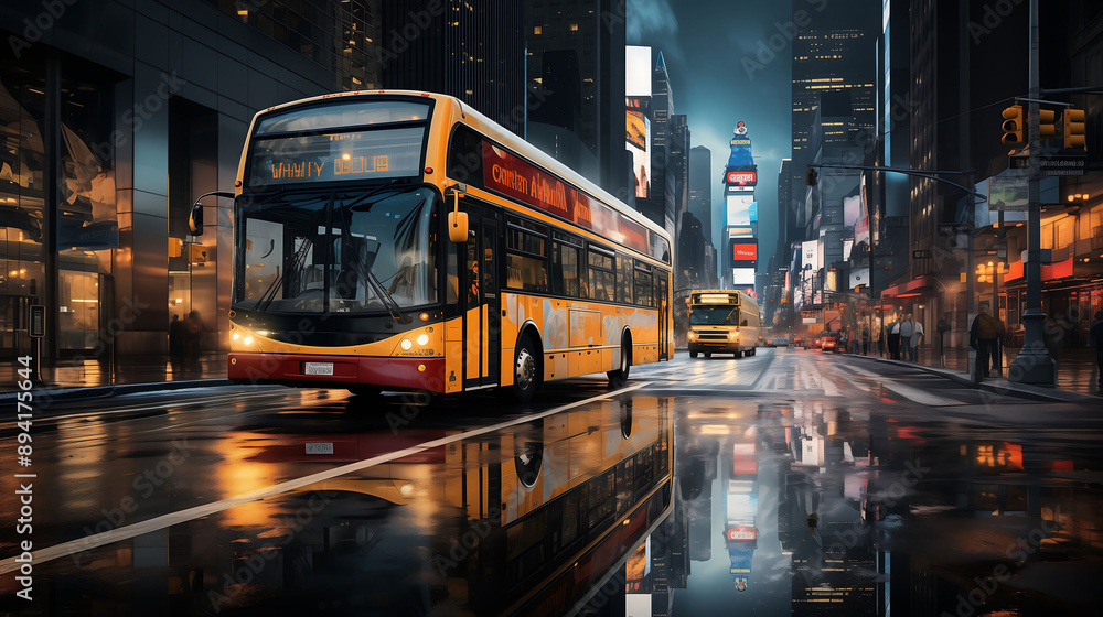 Fototapeta premium Bus on the city street at the night blurred background AI Generated