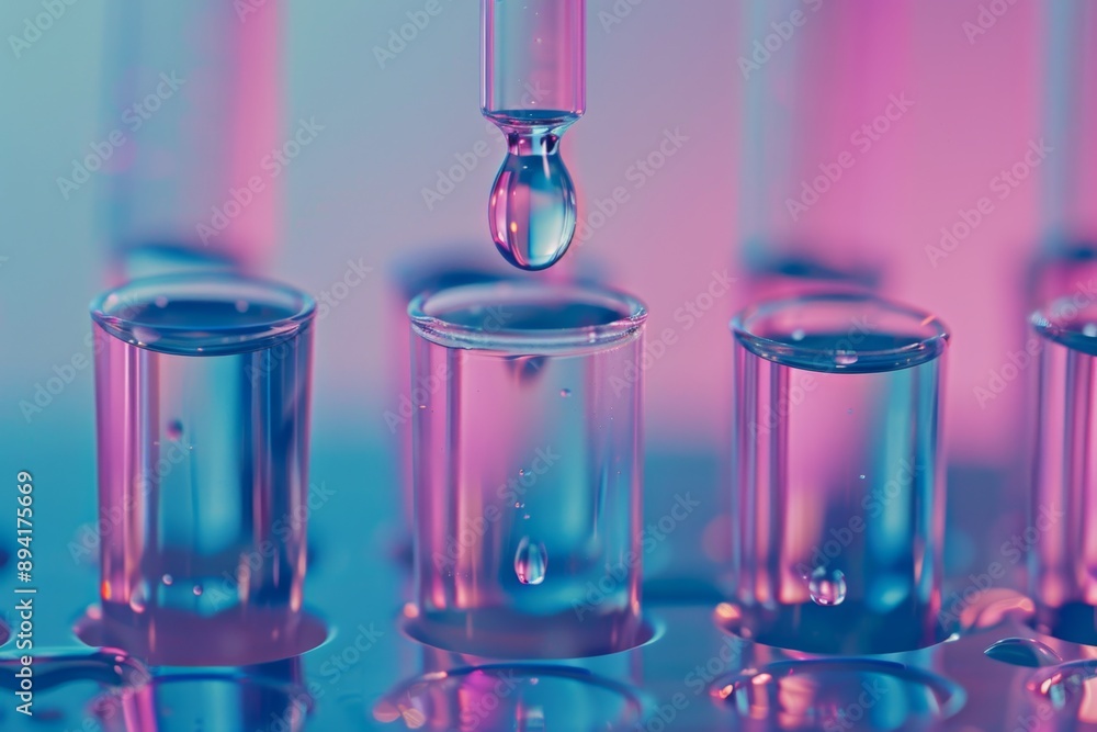 Close-up of a pipette dropping liquid into test tubes filled with colorful solutions. This vibrant scene is perfect for illustrating scientific experiments and laboratory research concepts Close-up of a pipette dropping liquid into test tubes filled with colorful solutions. This vibrant scene is perfect for illustrating scientific experiments and laboratory research concepts