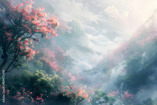 Misty Mountain with Pink Blossoms © Siasart Studio