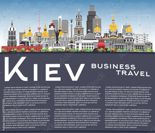 Kiev Ukraine city skyline with color buildings, blue sky and copy space. Kyiv cityscape with landmarks. Business travel and tourism concept with historic architecture.