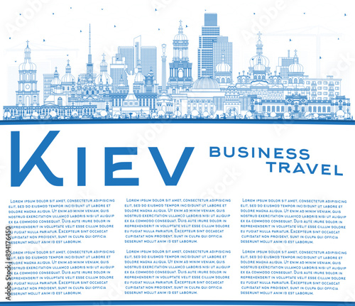 Outline Kiev Ukraine city skyline with blue buildings and copy space. Kyiv cityscape with landmarks. Business travel and tourism concept with historic architecture.