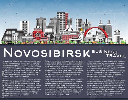 Novosibirsk Russia city skyline with color buildings, blue sky and copy space. Novosibirsk cityscape with landmarks. Business concept with modern and historic architecture.
