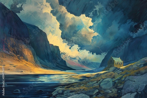 Dramatic landscape painting of a stormy sky over a mountain valley with a river and a small church photo