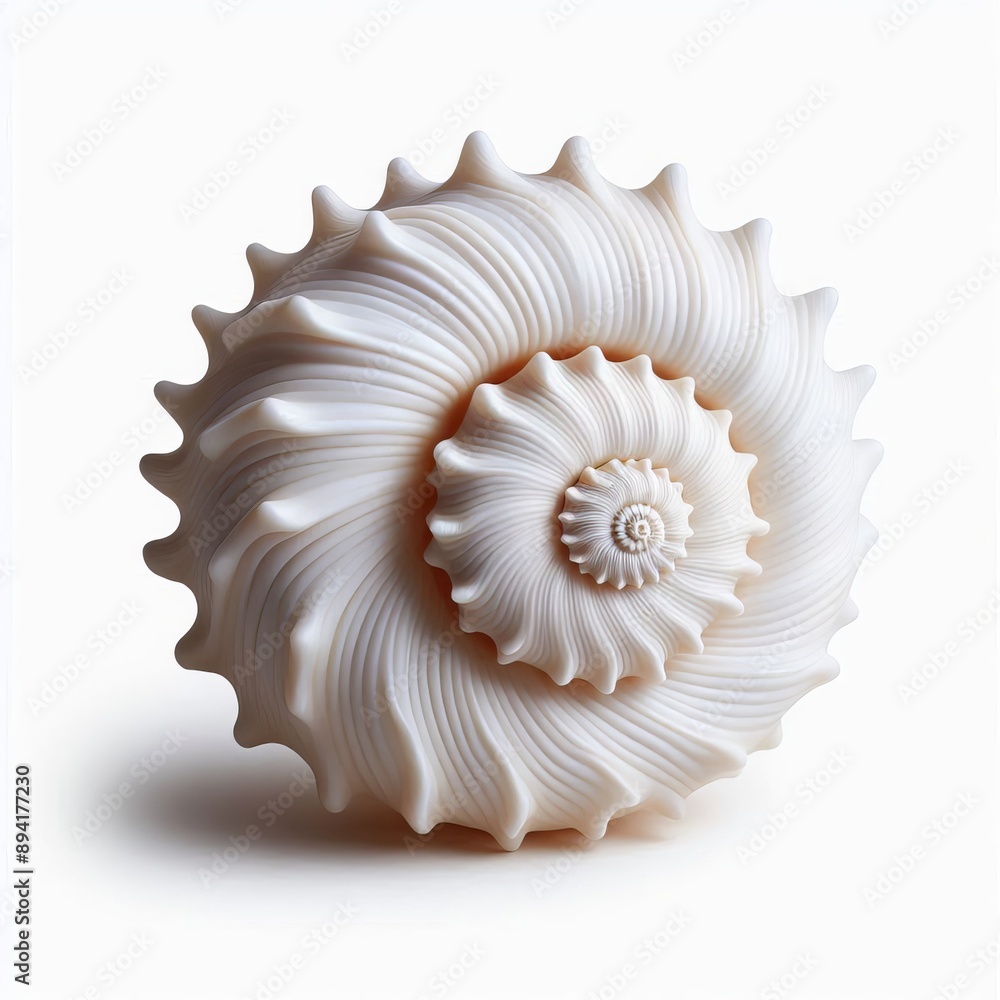 A white seashell with a spiral pattern, isolated on white backgr A white seashell with a spiral pattern, isolated on white backgr
