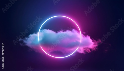 Fluffy White Cloud with Vibrant Neon Pink and Blue Ring   3D Geometric Style Against Deep Blue Background © thoif