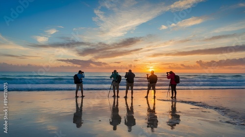 Coastal Sunrise Photography. Photographers capturing the sunrise on the beach with white sand, a calm blue ocean, and vibrant morning skies. Experience the beauty of coastal sunrise photography. photo