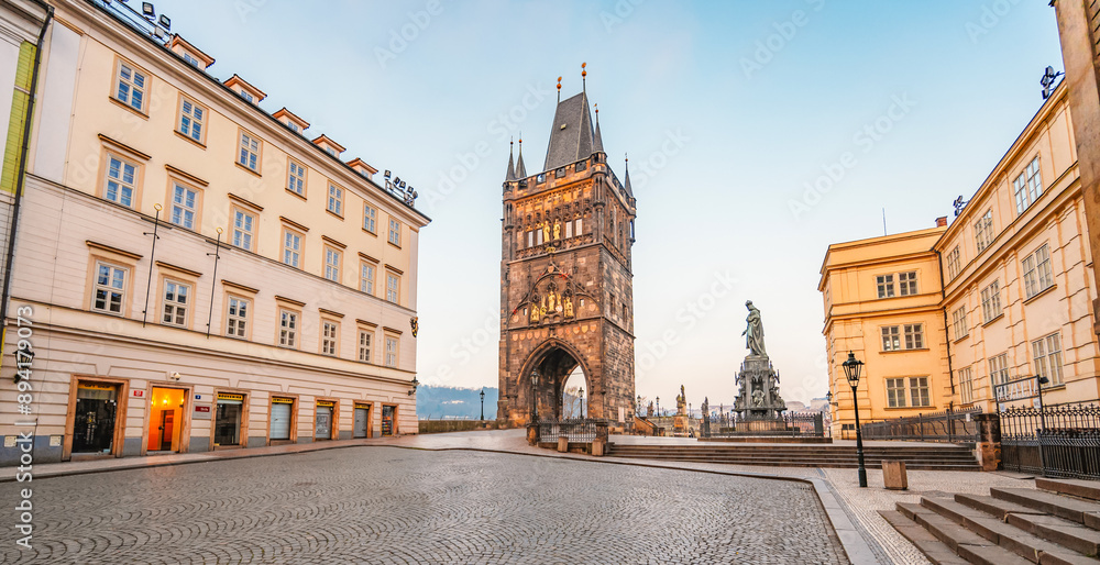 Fototapeta premium View of the city of Prague with Old Town Bridge Tower on Charles bridge in Prague, Czech Republic.