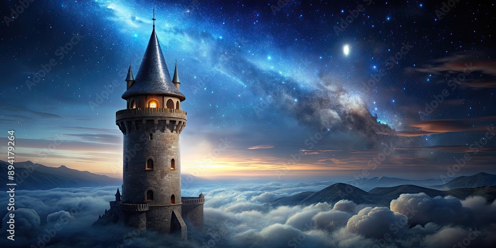 Naklejka premium Dark wizard tower looming in the night sky , fantasy, sorcery, mystical, magical, eerie, spooky, ominous, creepy